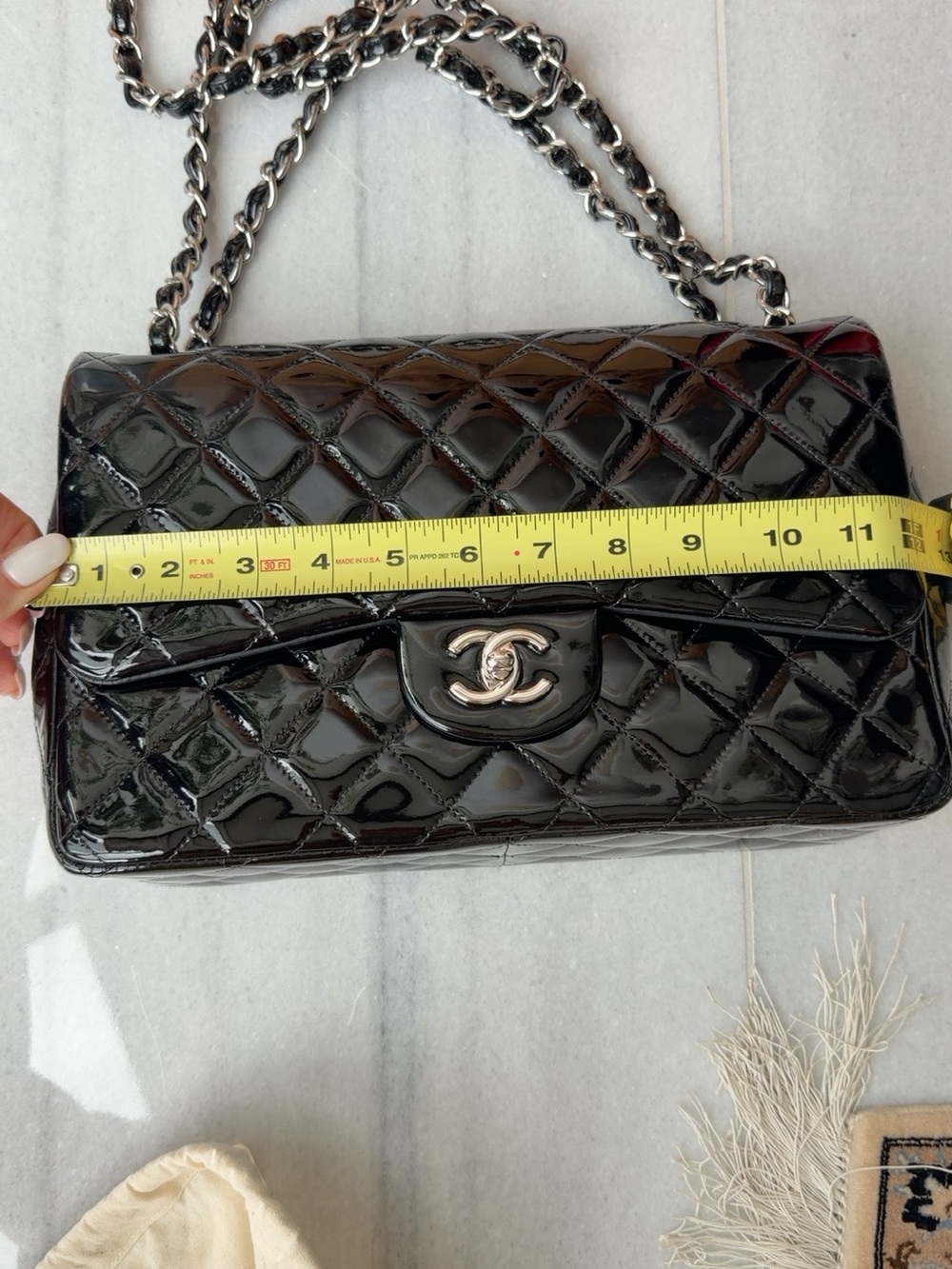 CHANEL Black Quilted Patent Leather Shoulder Bag with Silver Chain - Picture 12 of 13